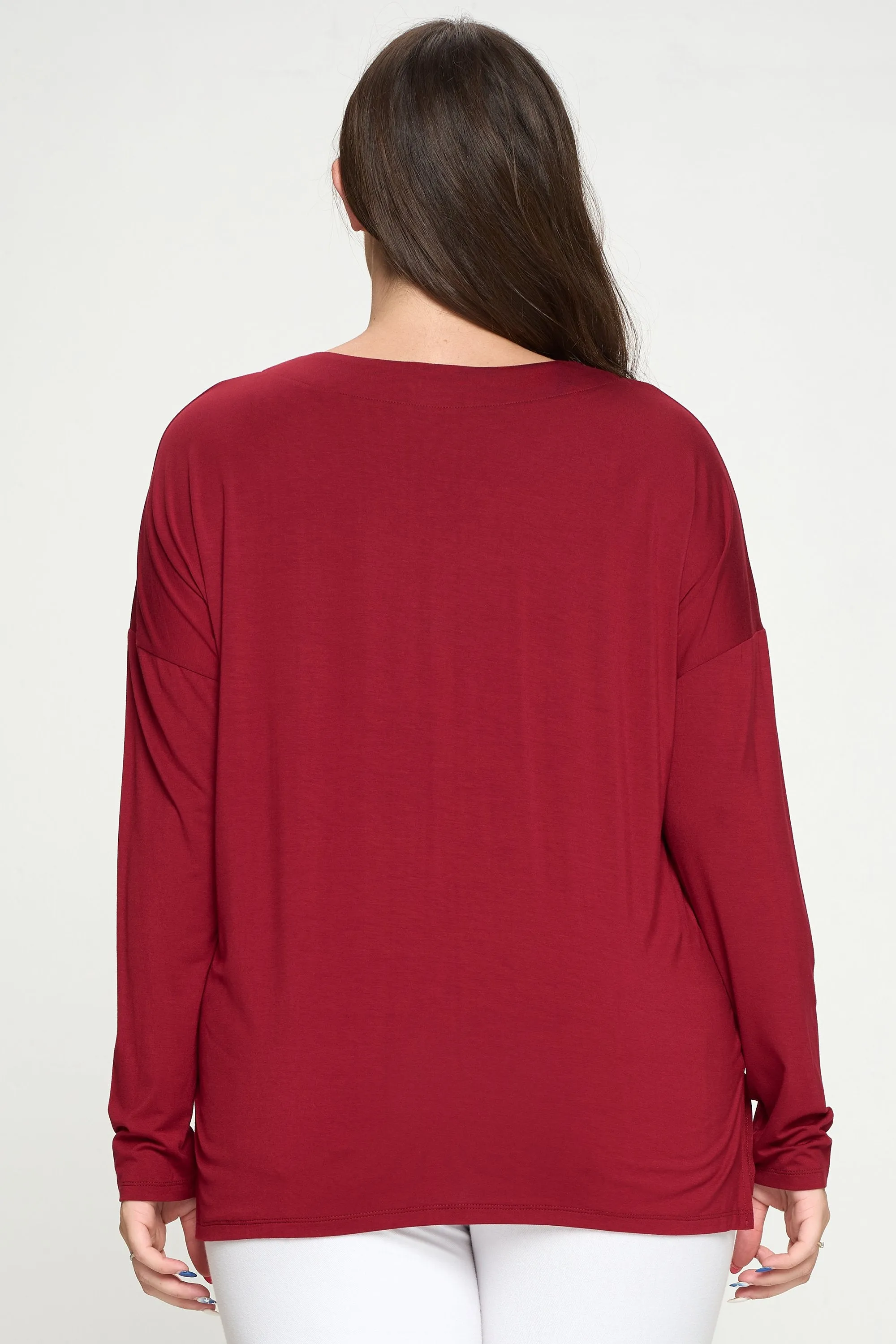 Plus Size Basic V-Neck Solid Long Sleeve Top