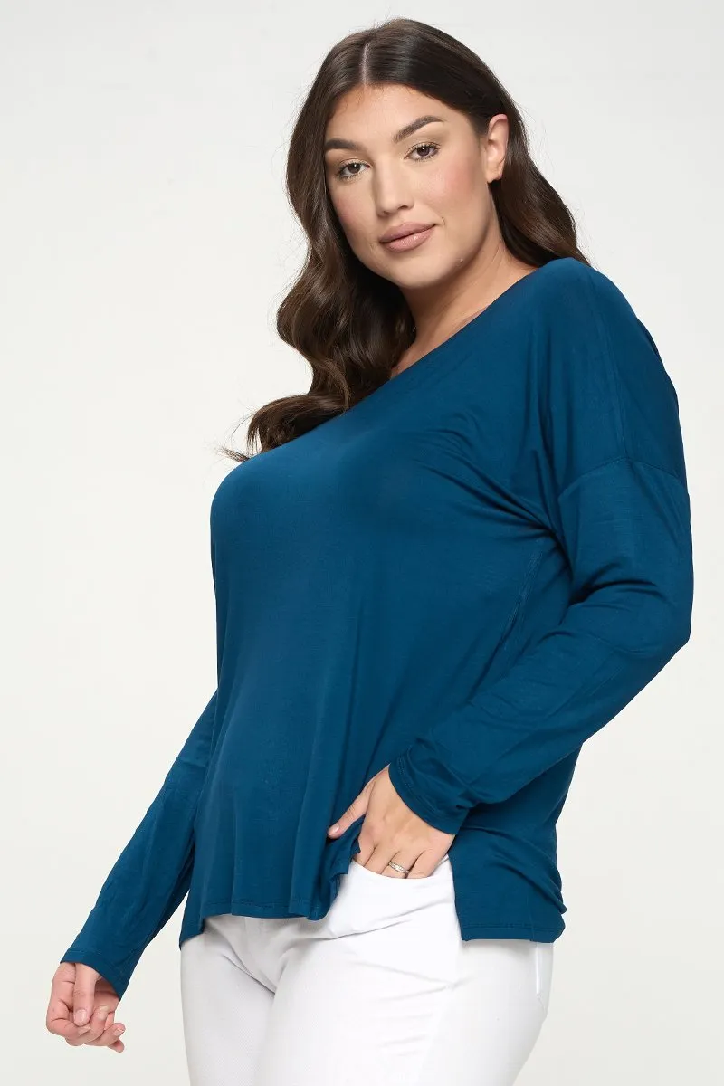 Plus Size Basic V-Neck Solid Long Sleeve Top