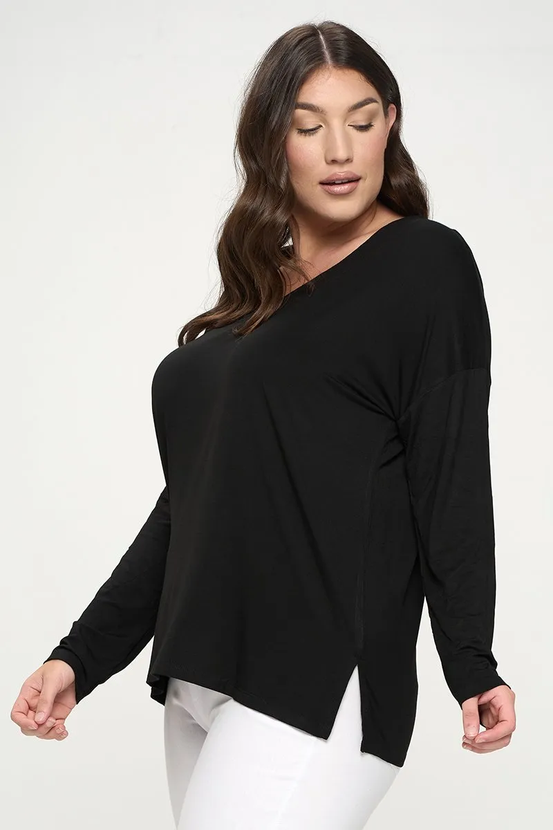Plus Size Basic V-Neck Solid Long Sleeve Top