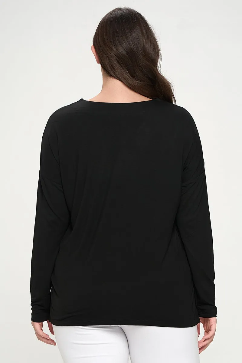 Plus Size Basic V-Neck Solid Long Sleeve Top