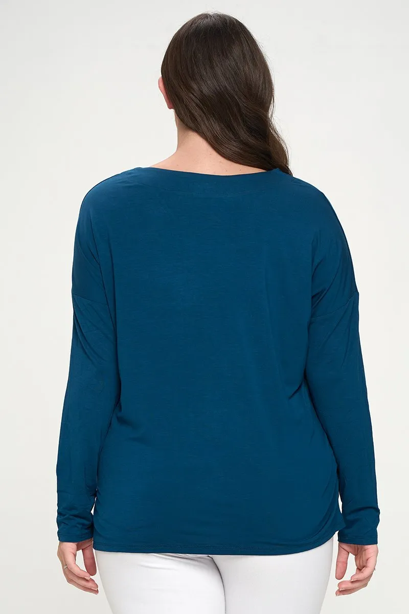 Plus Size Basic V-Neck Solid Long Sleeve Top