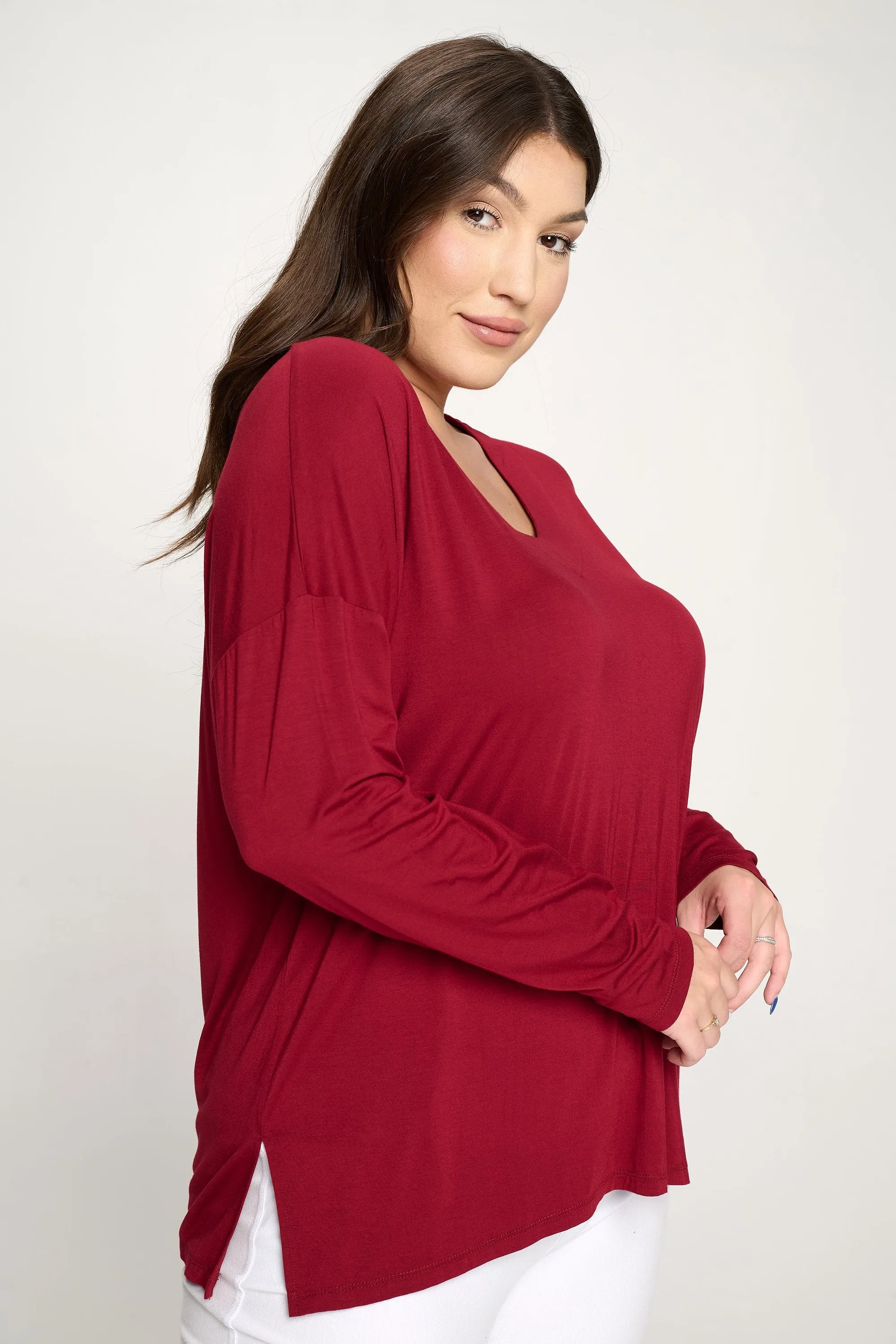 Plus Size Basic V-Neck Solid Long Sleeve Top