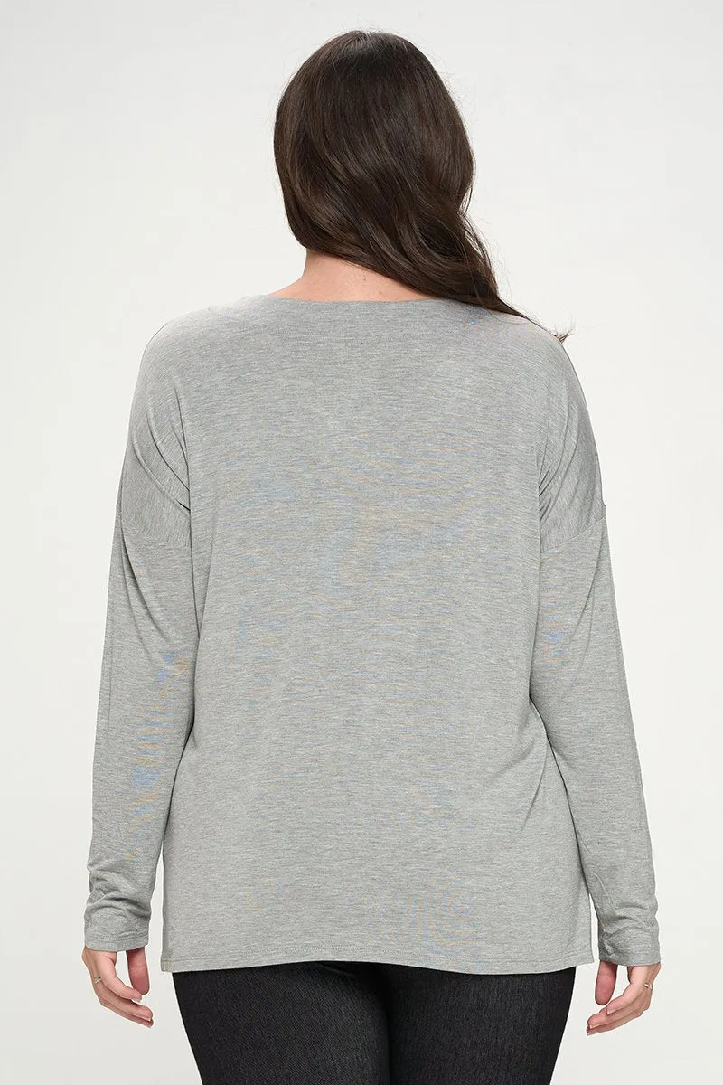 Plus Size Basic V-Neck Solid Long Sleeve Top