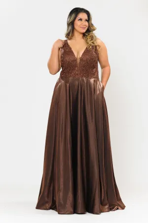 Plus Size Long Embroidered Bodice Satin Dress by Poly USA W1032