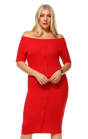 Plus Size Off Shoulder Bodycon Cocktail Dress Button Red