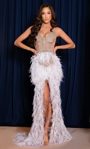 PORTIA & SCARLETT PS21415C Rhinestone Deep V-Neck Feather Evening Gown