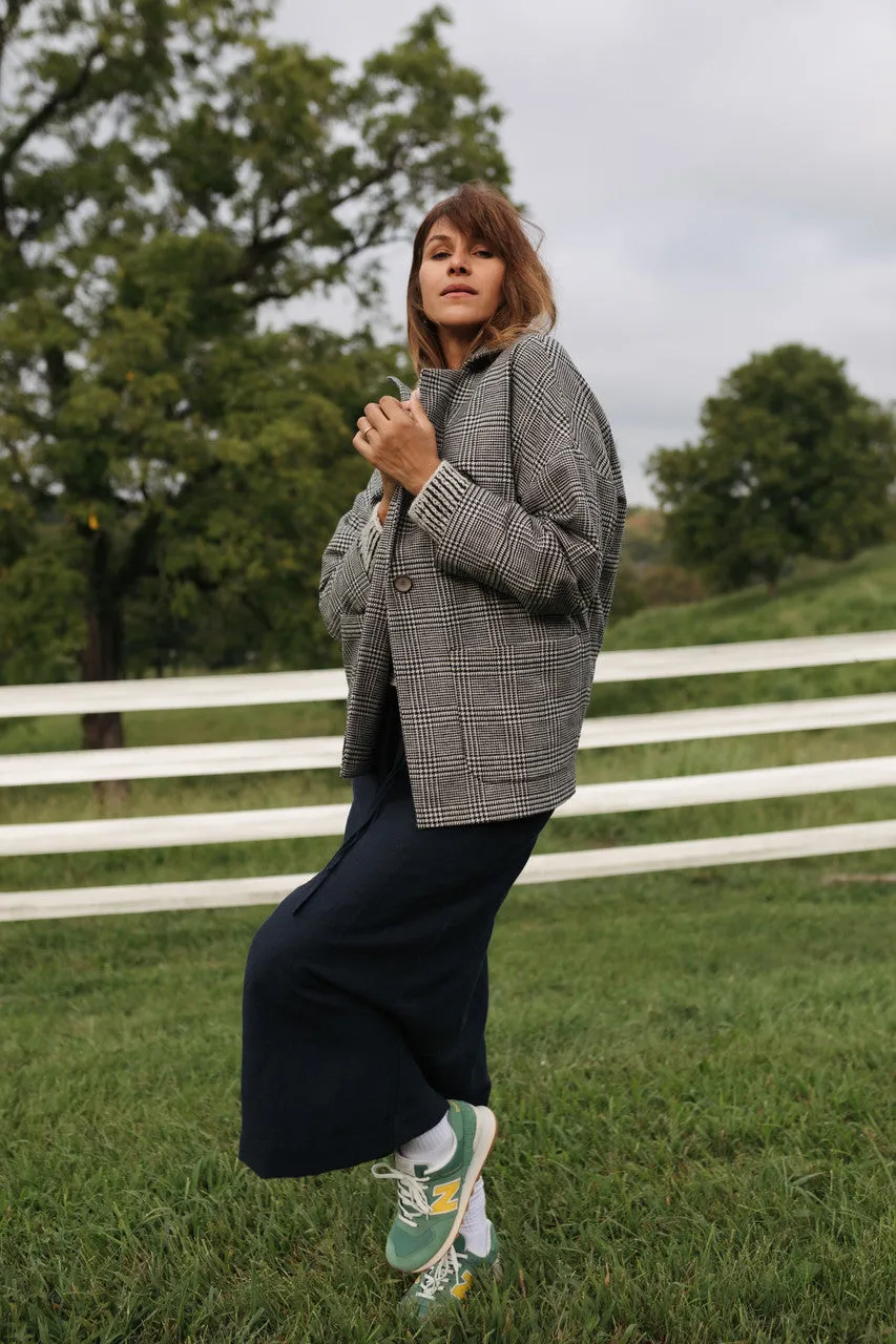 Portuguese Wool Pieper Coat in Black and Cream Houndstooth Plaid Weave