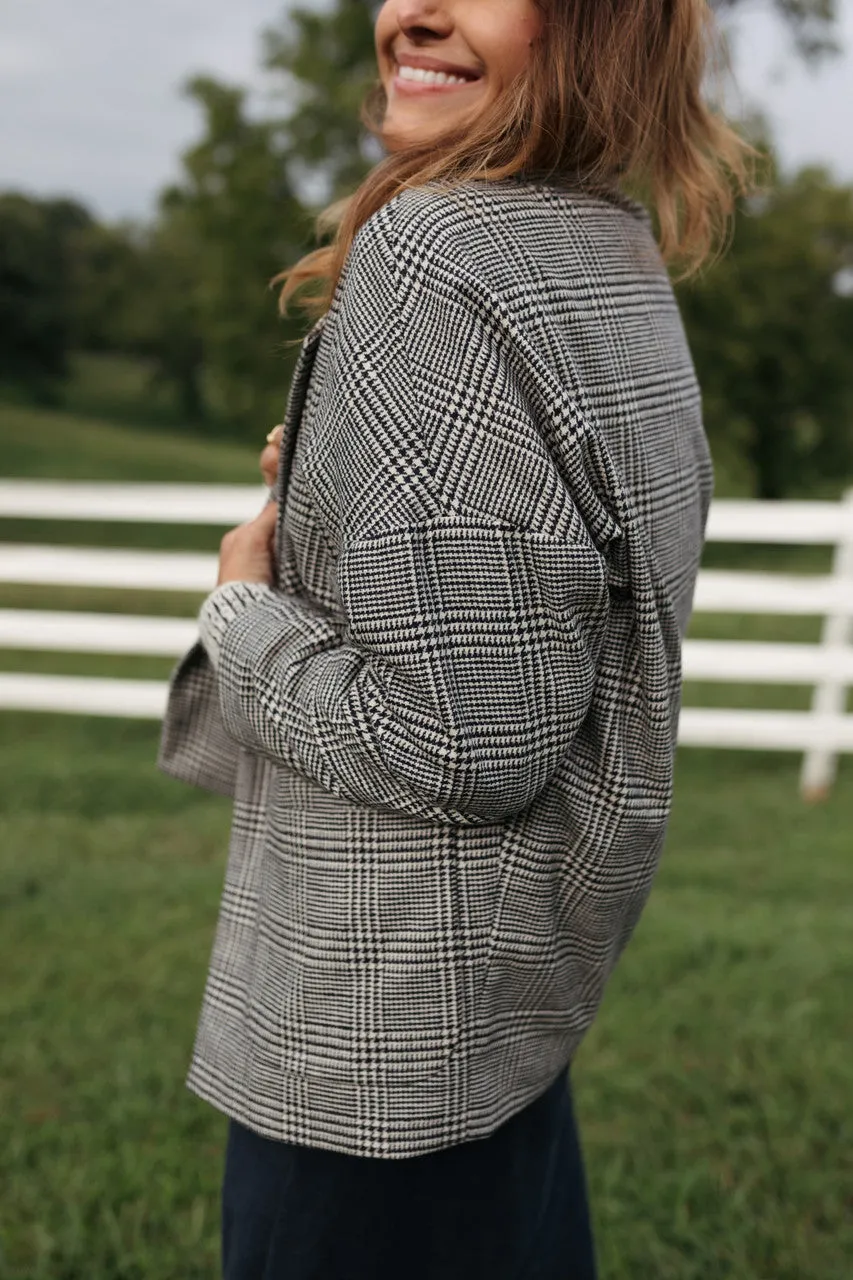 Portuguese Wool Pieper Coat in Black and Cream Houndstooth Plaid Weave