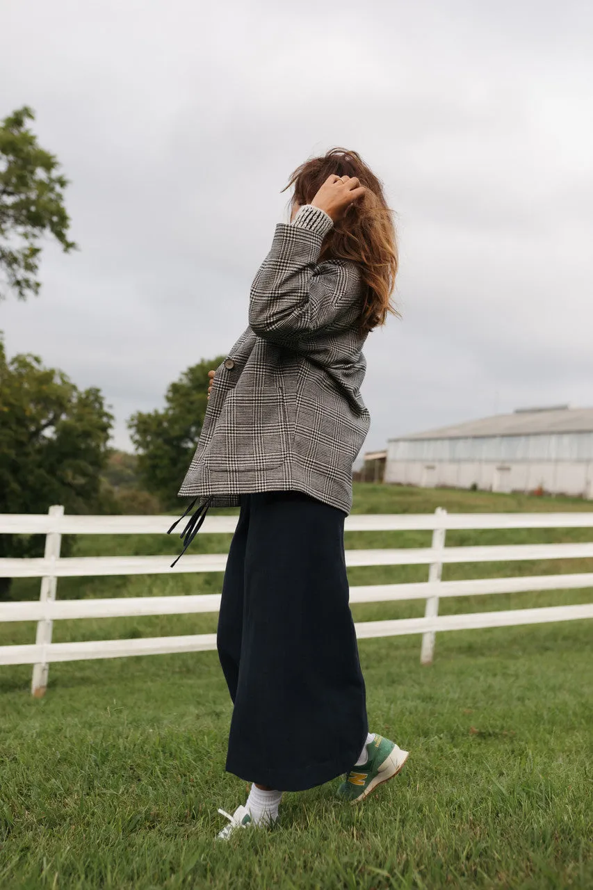 Portuguese Wool Pieper Coat in Black and Cream Houndstooth Plaid Weave