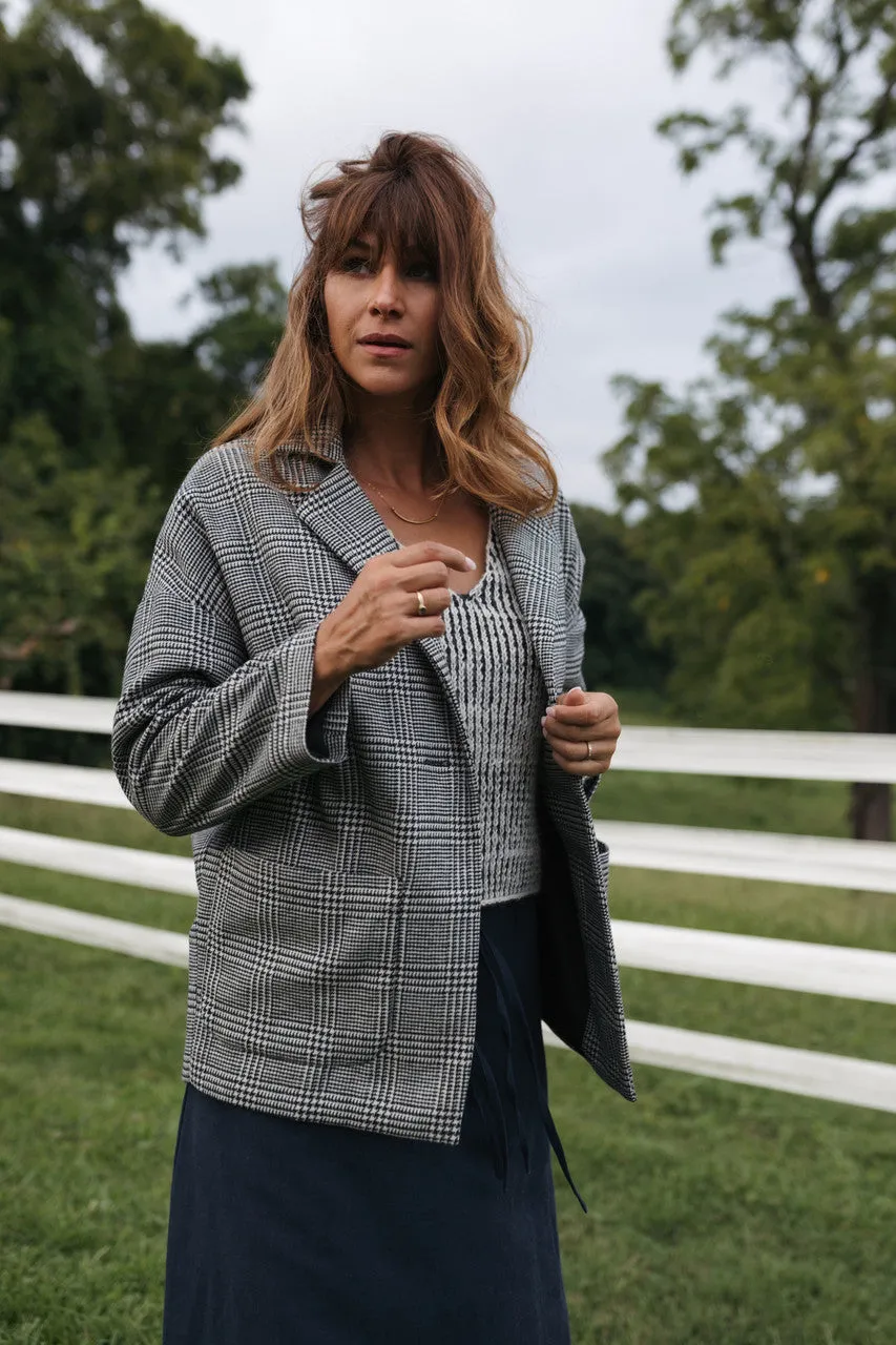 Portuguese Wool Pieper Coat in Black and Cream Houndstooth Plaid Weave
