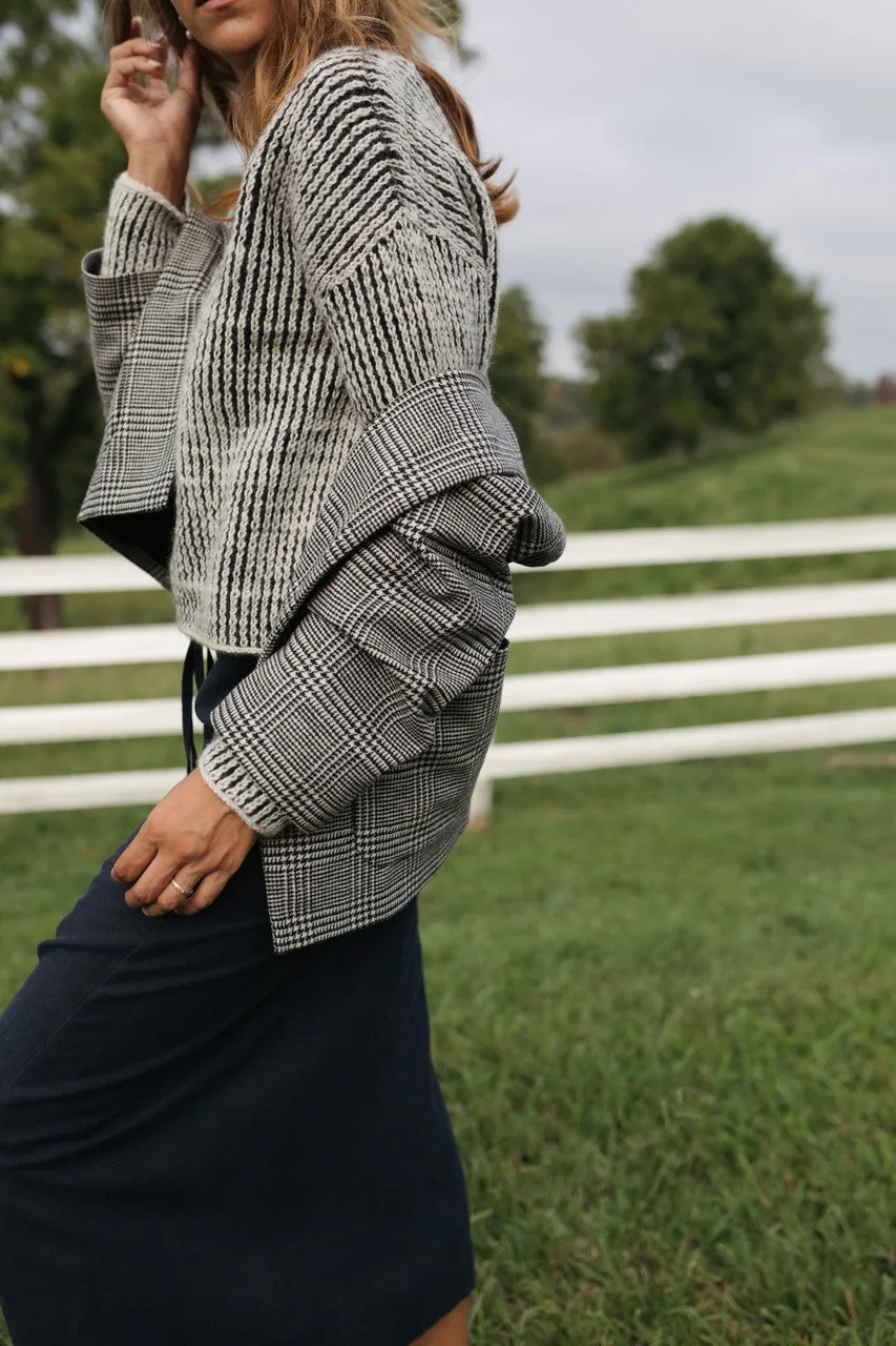 Portuguese Wool Pieper Coat in Black and Cream Houndstooth Plaid Weave