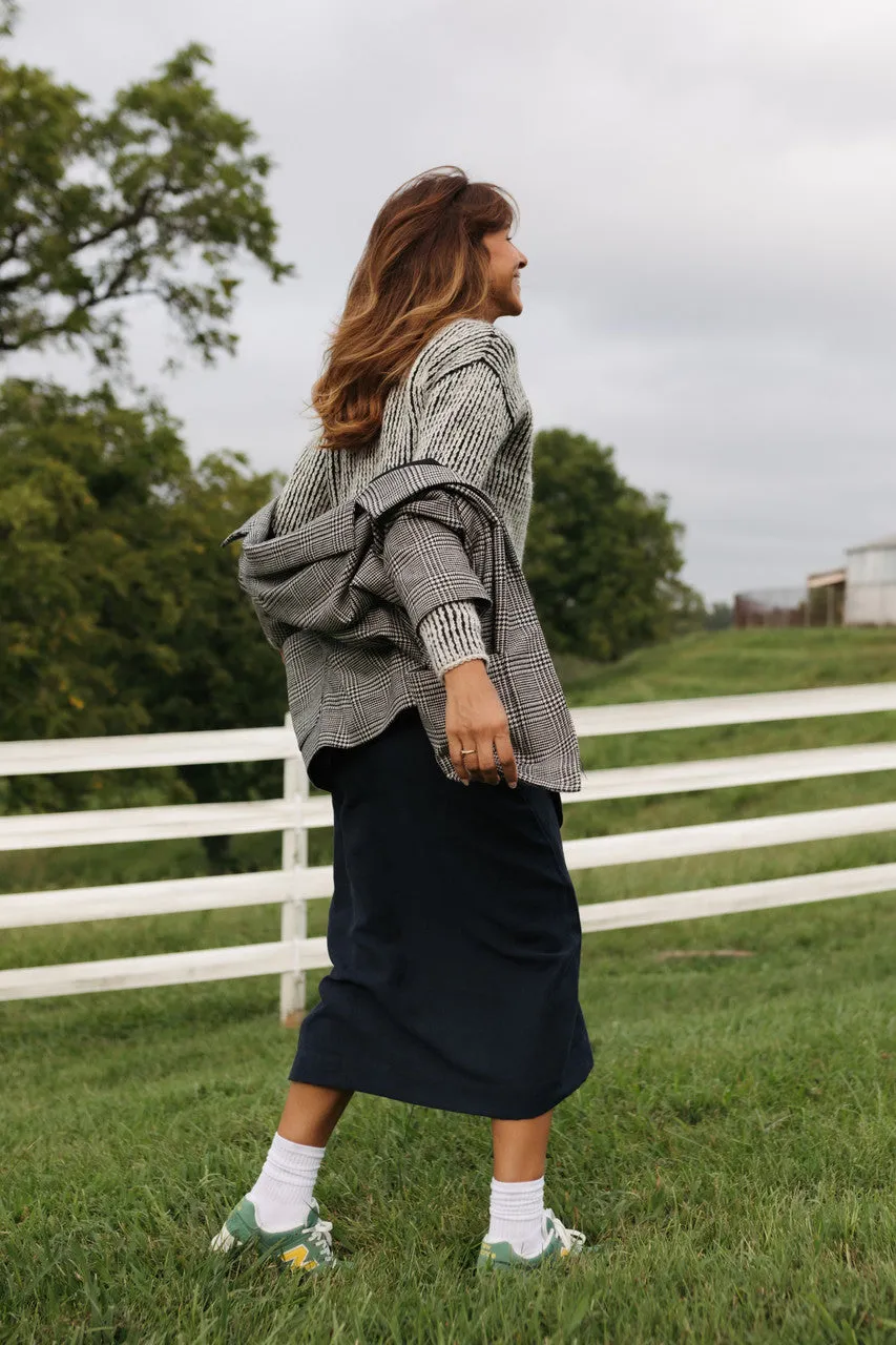 Portuguese Wool Pieper Coat in Black and Cream Houndstooth Plaid Weave