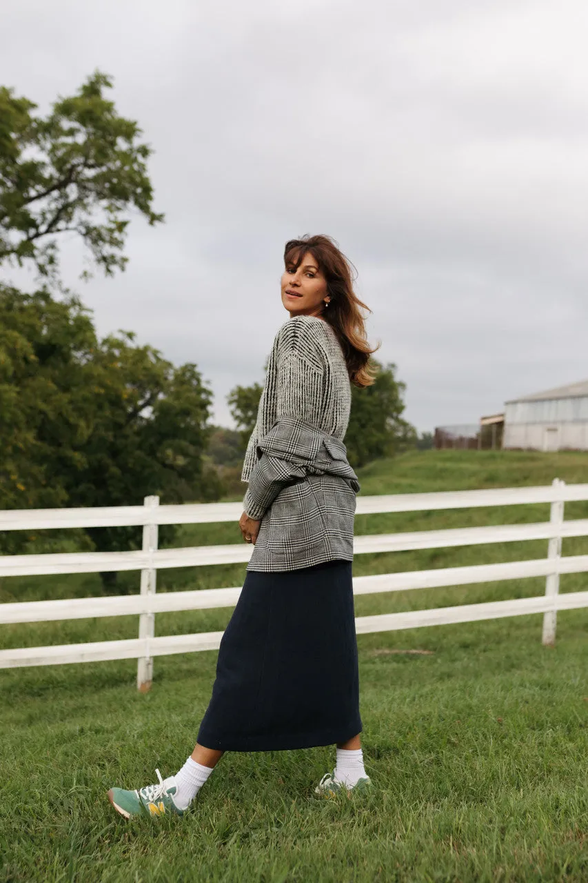 Portuguese Wool Pieper Coat in Black and Cream Houndstooth Plaid Weave