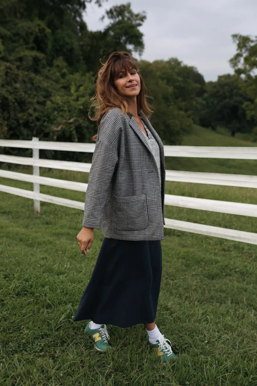 Portuguese Wool Pieper Coat in Black and Cream Houndstooth Plaid Weave