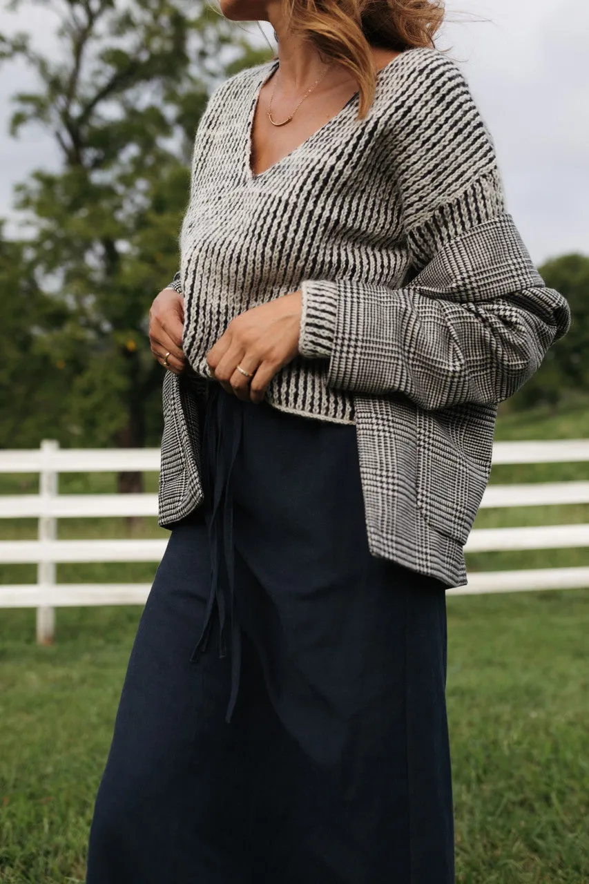 Portuguese Wool Pieper Coat in Black and Cream Houndstooth Plaid Weave