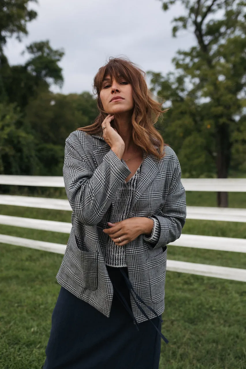 Portuguese Wool Pieper Coat in Black and Cream Houndstooth Plaid Weave