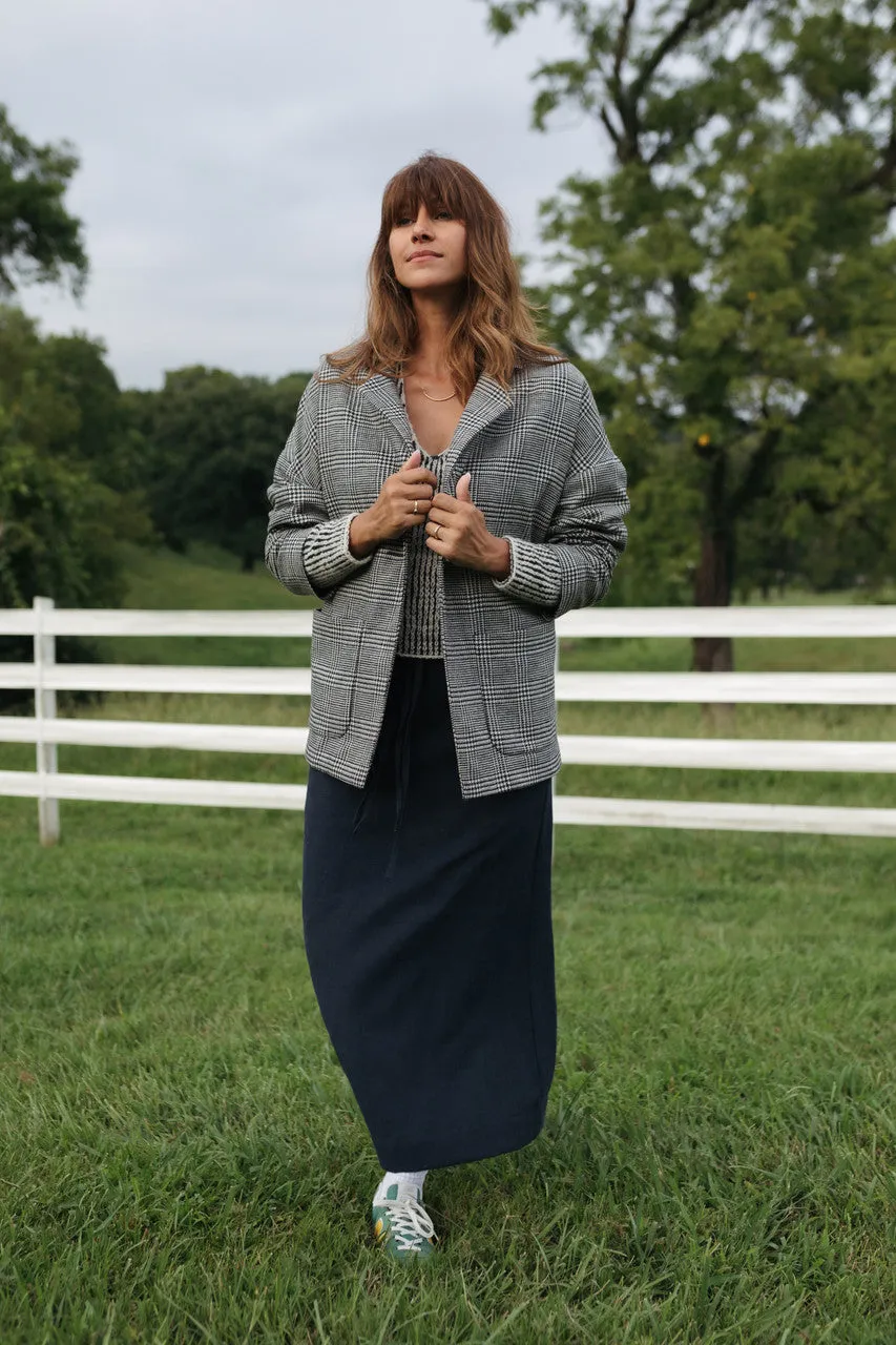 Portuguese Wool Pieper Coat in Black and Cream Houndstooth Plaid Weave