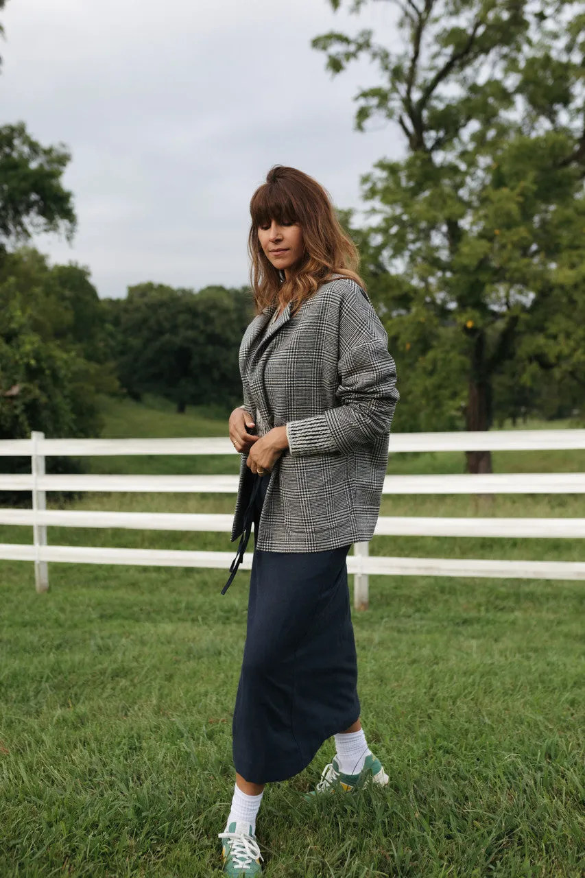 Portuguese Wool Pieper Coat in Black and Cream Houndstooth Plaid Weave