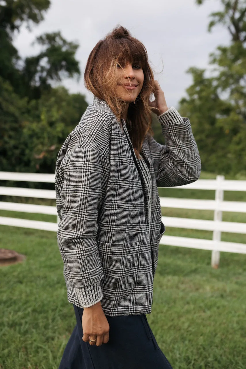 Portuguese Wool Pieper Coat in Black and Cream Houndstooth Plaid Weave
