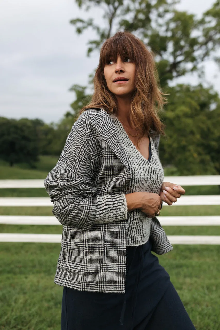 Portuguese Wool Pieper Coat in Black and Cream Houndstooth Plaid Weave
