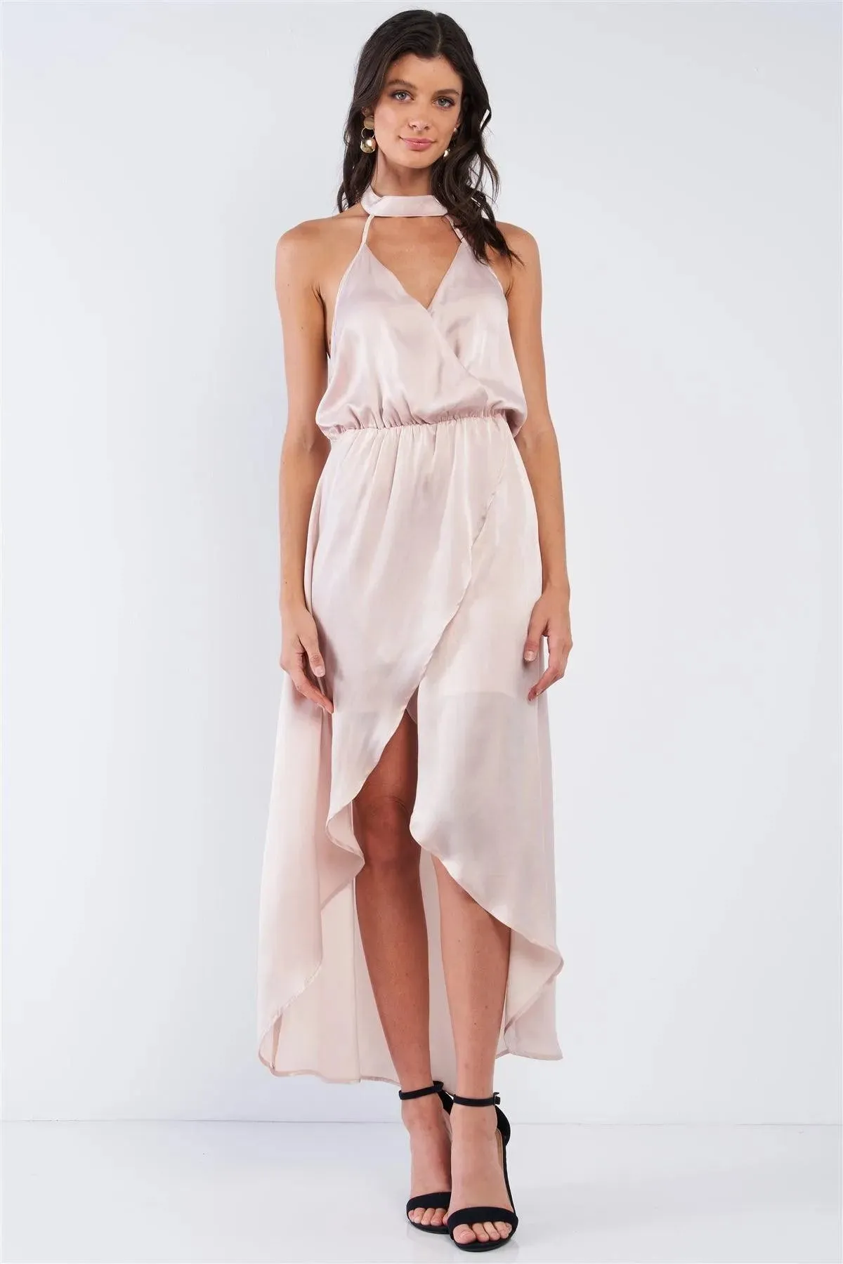 Powder Kiss Beige Satin Elegant Asymmetrical V-Neck Sleeveless Halter Tie Open Back Wrap Midi Dress /1-2-2-1