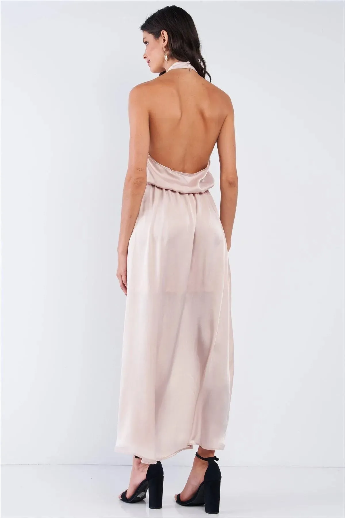 Powder Kiss Beige Satin Elegant Asymmetrical V-Neck Sleeveless Halter Tie Open Back Wrap Midi Dress /1-2-2-1