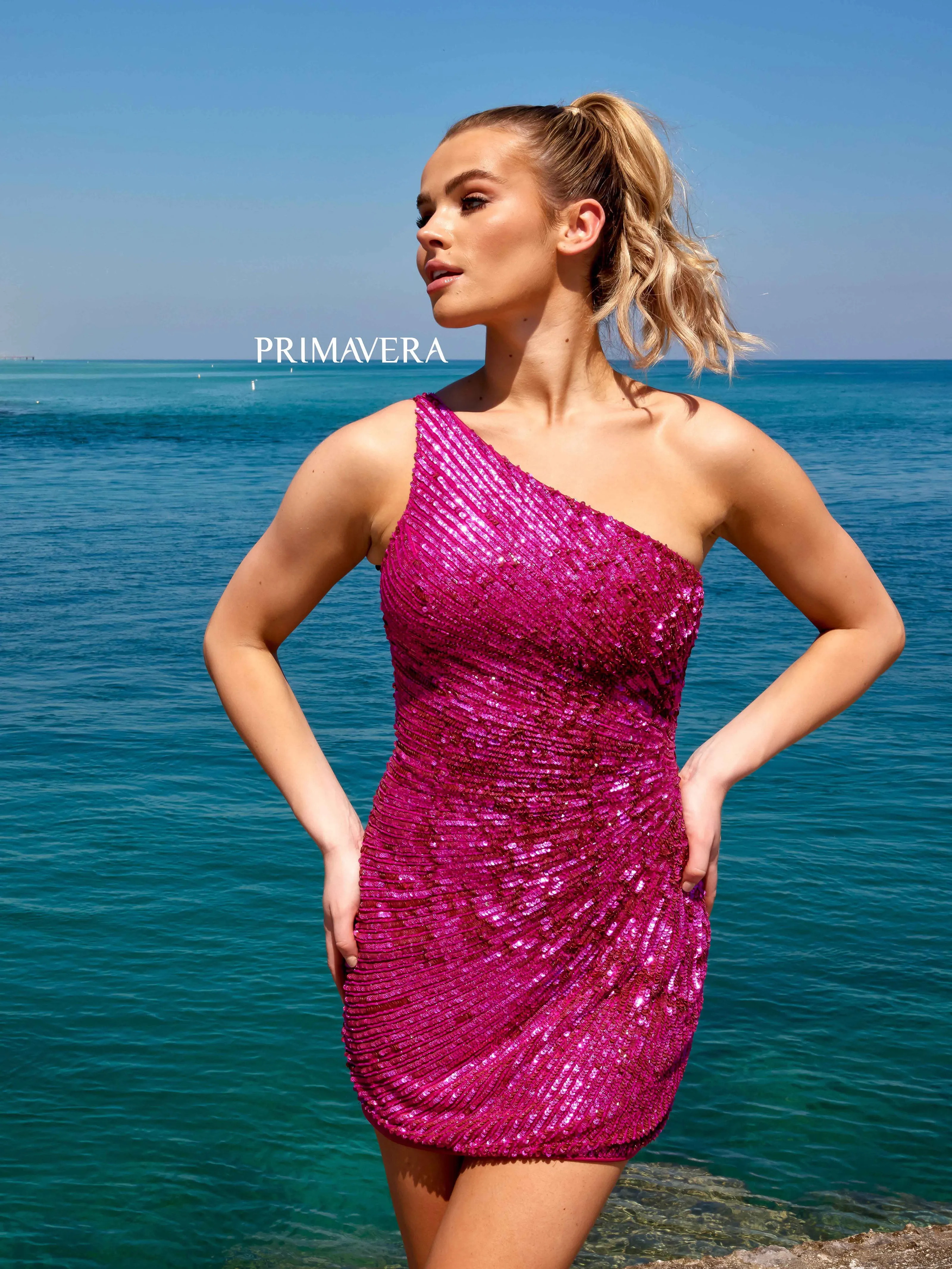 Primavera Couture 4055 Ruched Cocktail Dress Side One Shoulder Sequin And Beaded Line Design Short Homecoming Dress