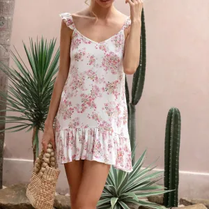 Print Mini V-Neck Sleeveless Ruffles Casual A-line Chic Summer Floral Dress