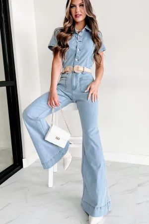 Repeat The Past Flared Denim Jumpsuit (Light Denim)