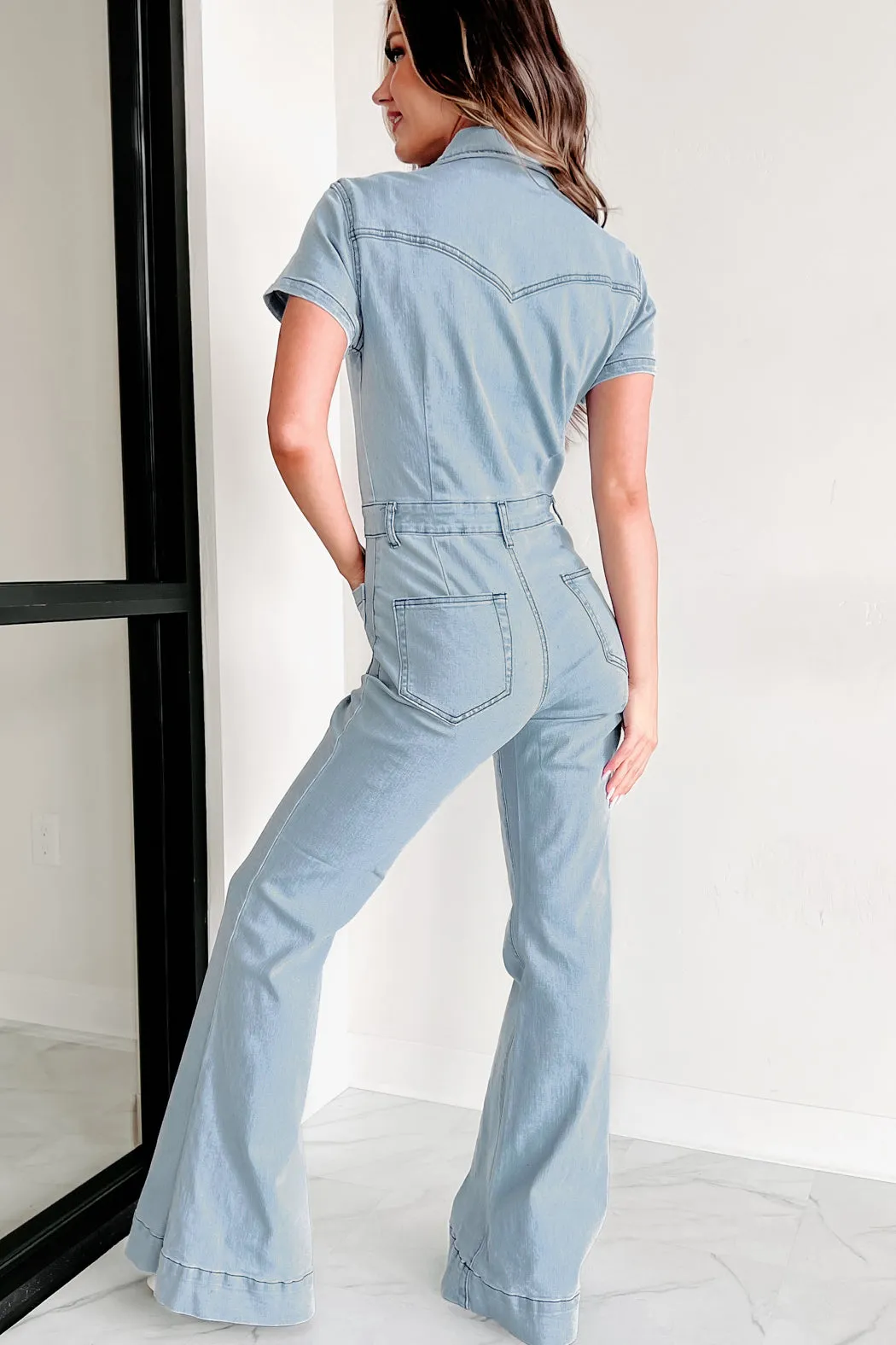 Repeat The Past Flared Denim Jumpsuit (Light Denim)