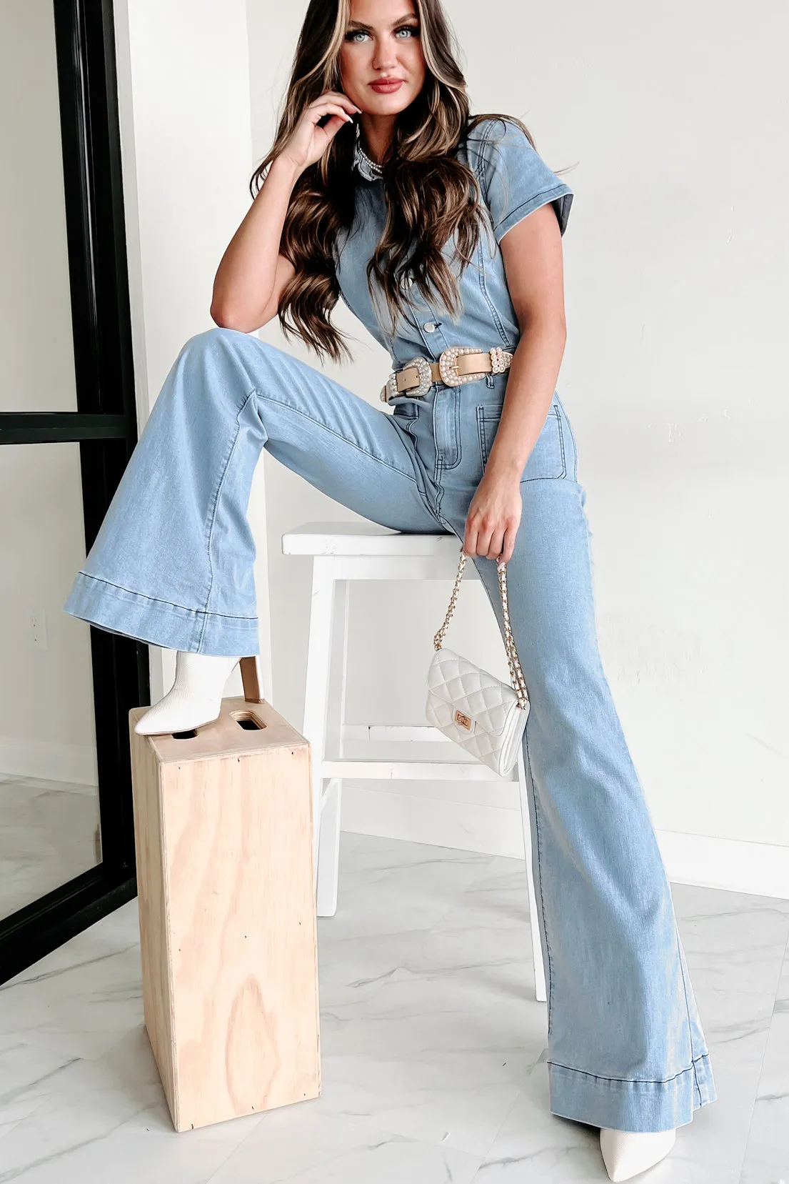 Repeat The Past Flared Denim Jumpsuit (Light Denim)