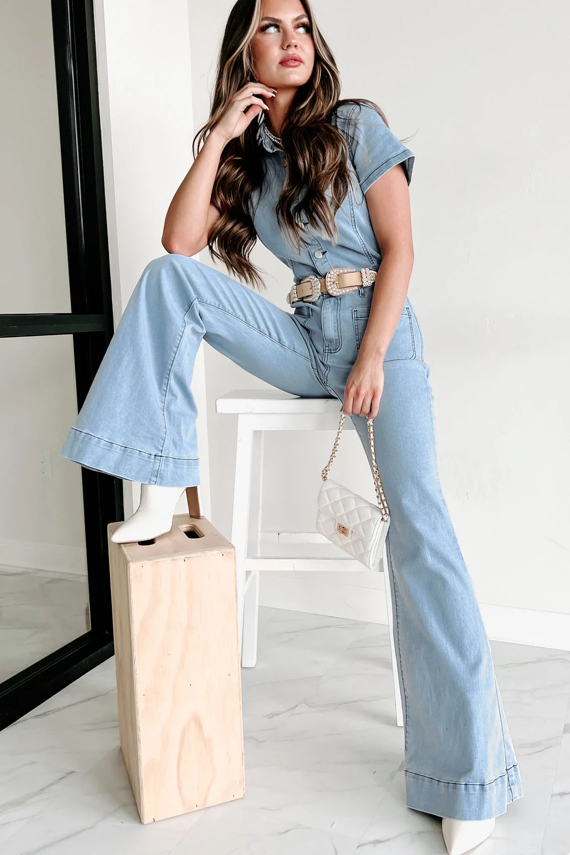 Repeat The Past Flared Denim Jumpsuit (Light Denim)