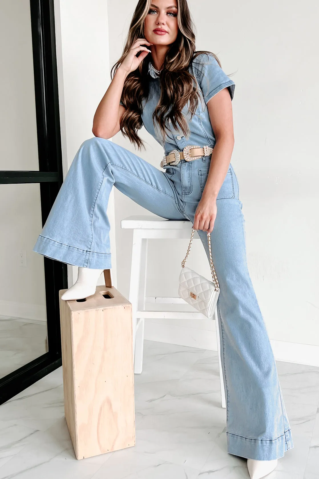 Repeat The Past Flared Denim Jumpsuit (Light Denim)