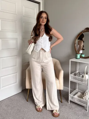 Rylie Linen Blend Pleated Wide Leg Trousers (Natural)