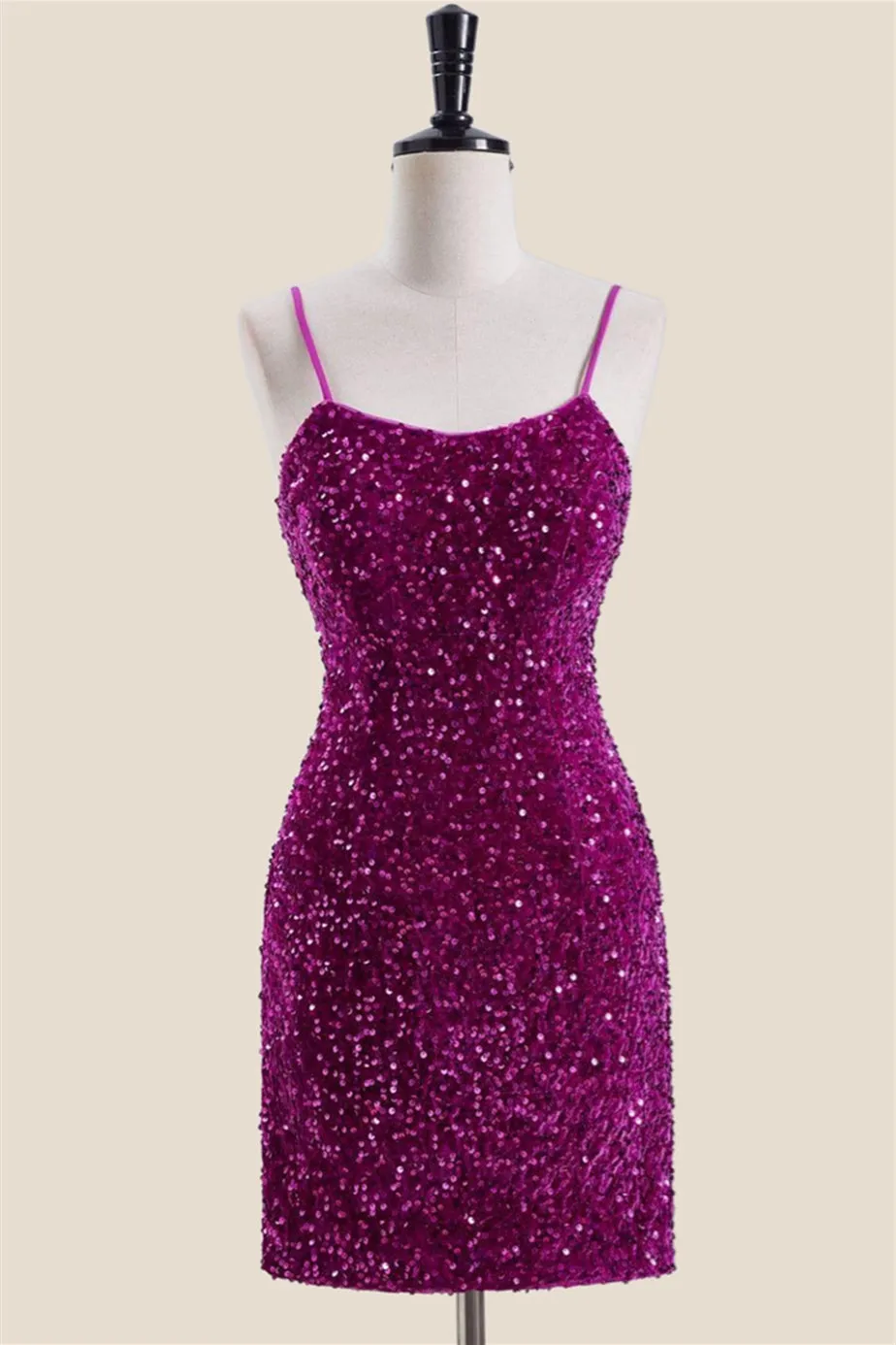 Spaghetti Straps Pink Sequin Bodycon Mini Dress