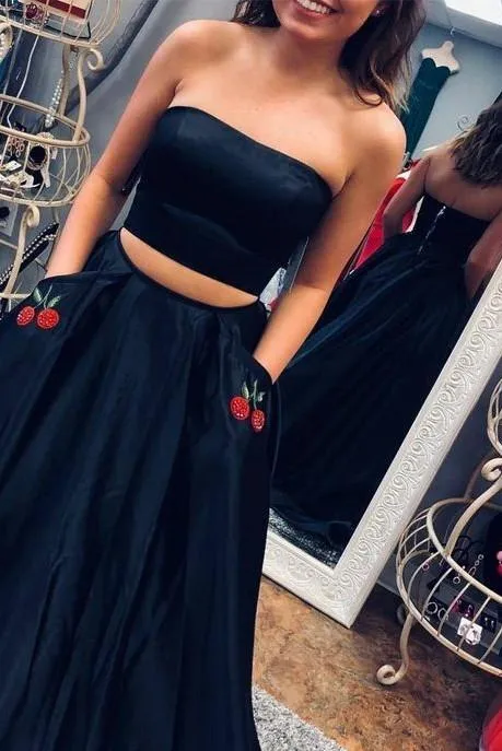 Two Piece Nark Navy Prom Dress with Cherry Embroidery Pockets