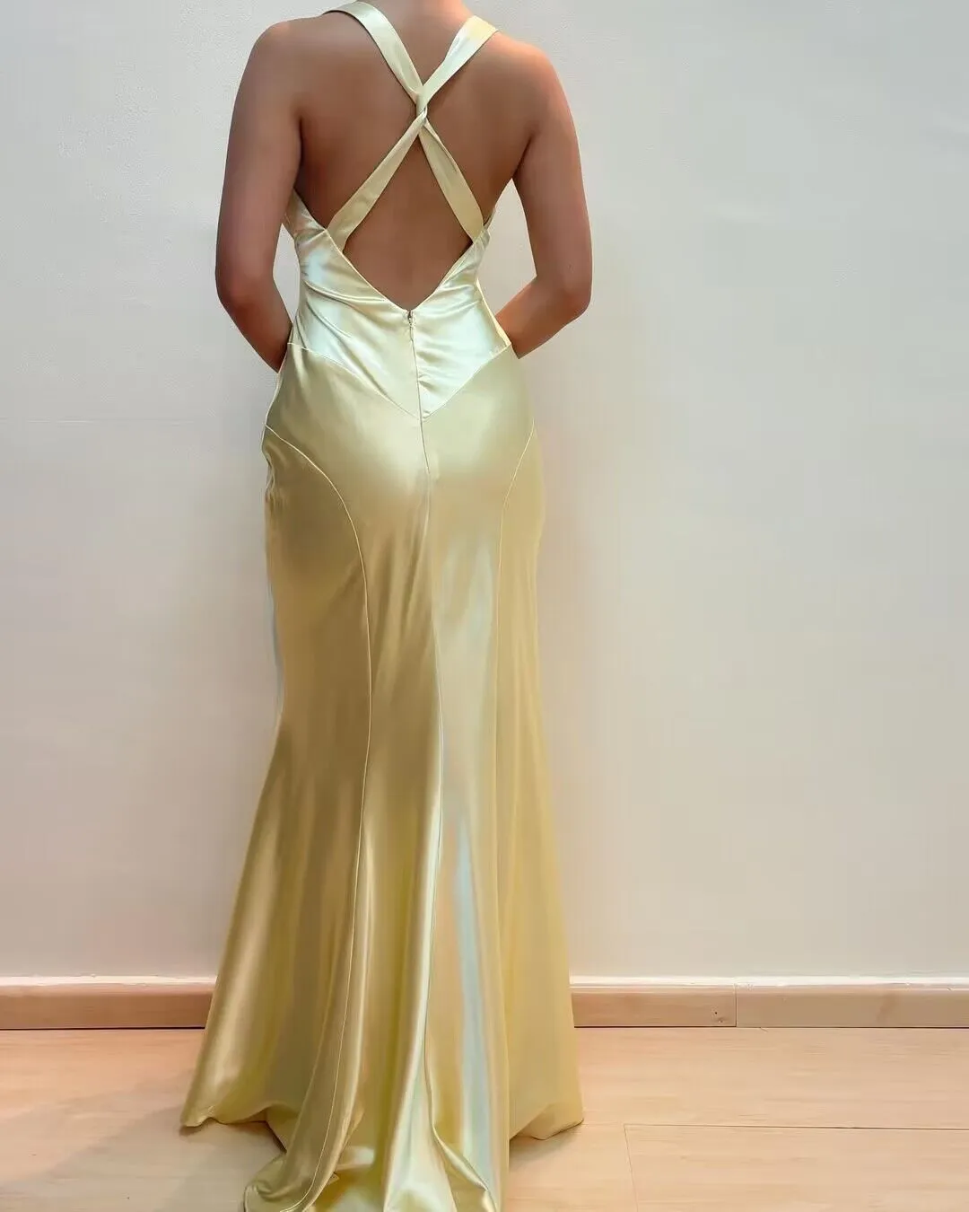 V Neck Yellow Mermaid Satin Long Prom Dress J2874