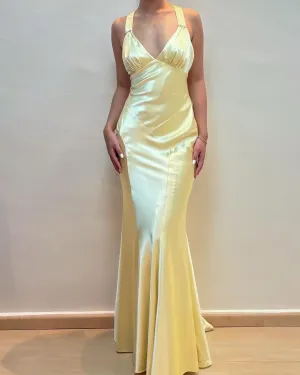 V Neck Yellow Mermaid Satin Long Prom Dress J2874