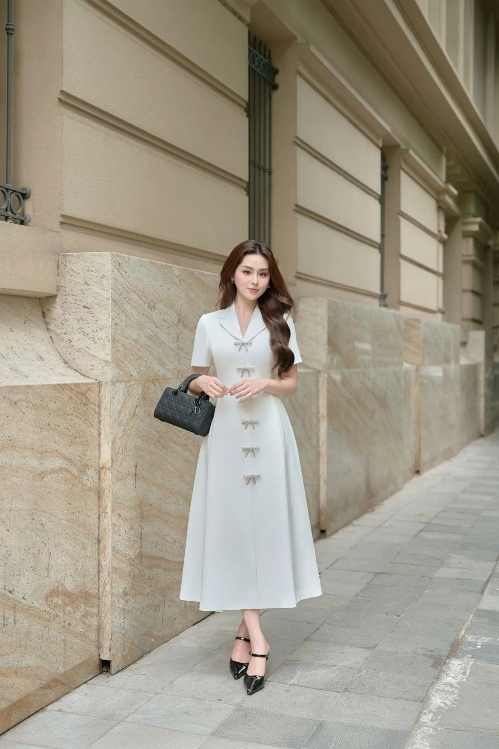 Whitebows A-line Notch Lapel Linen Cotton Midi Dress