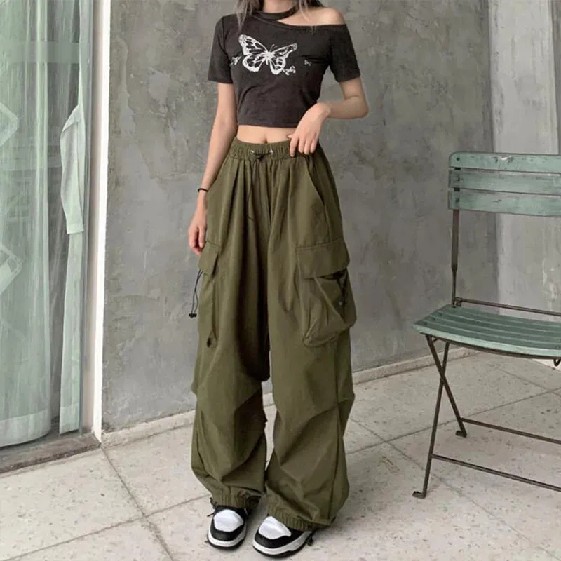 Women Casual Joggers Tech Pants Wide Leg Baggy Trousers