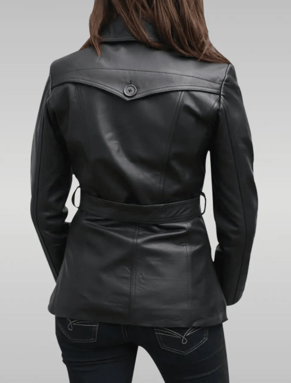 Womens Black Long Belted Leather Jacket