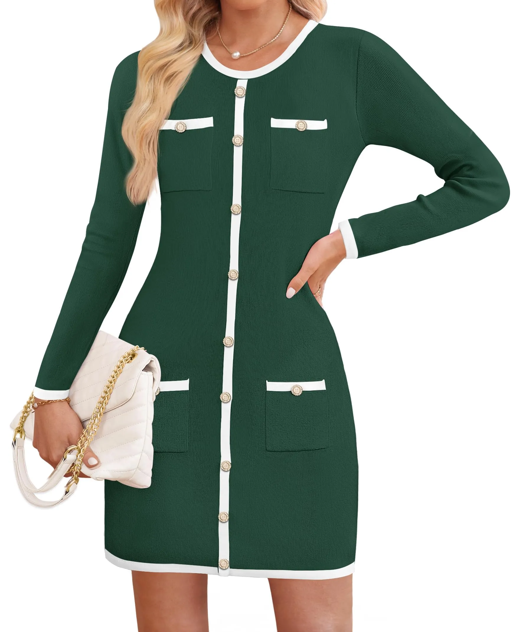 ZESICA Button Color Block Knit Bodycon Short Sweater Dresses